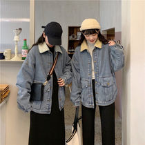 Lamb wool denim coat female autumn and winter plus velvet padded net red Joker student tide ins cotton-padded loose Korean version