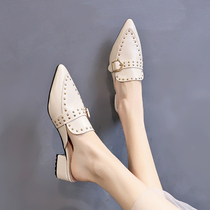 Baotou half slippers womens summer fashion wear 2021 new Korean version thick-heeled pointed mid-heel shoes wild net red cool drag