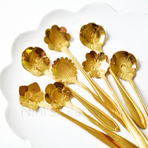 Japanese small fresh Golden light luxury coffee spoon Cold drink spoon Net red cherry blossom spoon long handle dessert spoon Stainless steel