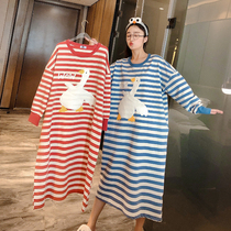 Stripe cartoon long-sleeved pajamas long pajamas pure cotton loose large size pajamas spring and autumn young women's pajamas