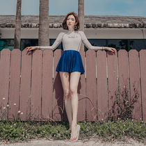 Swimwear womens sports sunscreen long sleeves skirt style one-piece flat corner swimsuit conservative students cover belly thin hot spring swimsuit