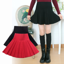 Girls black skirt skirt autumn and winter womens high waist pleated skirt middle child knitted little girl princess dress red