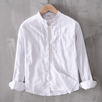 Fresh small stand collar striped shirt mens cotton long sleeve bottom inch shirt fashion handsome inside student shirt tide