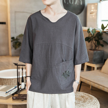 2021 summer new antique embroidery men's linen thin fashion short sleeve T-shirt men's fat man plus size half sleeve