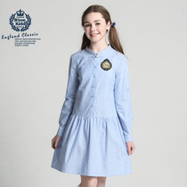 Eaton Gide school uniform girl dress big child long sleeve Stand Collar Cotton light blue skirt 15L276