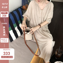 Short sleeve plus size cotton linen dress 2021 summer Korean literature and art fan retro loose temperament casual linen long skirt