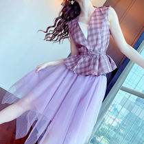 Ouyike purple plaid vest dress Super fairy chic can salt sweet mesh two-piece dress summer