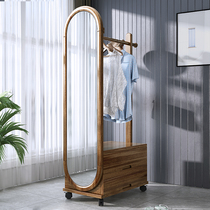 Walnut solid wood coat rack with mirror hanger Full-length mirror integrated floor-to-ceiling bedroom household multi-function hanger