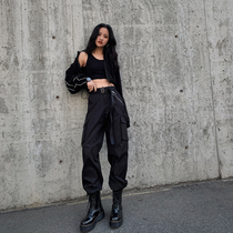 Black bunch foot overalls womens extended version of tall spring and autumn high waist straight tube loose fried Street New ins tide summer