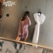 Retro bubble sleeve one-piece dress swimsuit suspenders gathering steel support bikini women deep V conservative hot spring swimwear