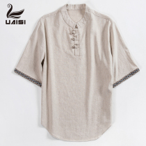 UAISI 2021 spring and summer short-sleeved linen shirt mens pullover casual shirt middle-aged cotton and hemp tide