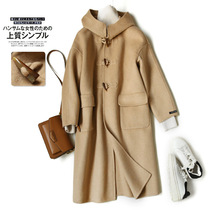 Camel horn buckle double-sided cashmere coat 2021 autumn and winter New hooded medium long small woolen coat