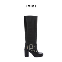 (Designer brand IMMI)Solid color square head chain decorative cowhide wide tube thin boots 192SH004L