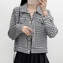 Korean version of retro style fine Plaid long sleeve shirt women 2021 spring new Polo collar loose thin coat top