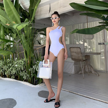 ins Wind Net red one-piece v-collar sexy hollow hollow thin belly swimsuit shoulder holiday simple European and American swimsuit women