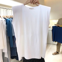 European goods niche shoulder pad T-shirt women sleeveless vest round neck profile loose thin super fire Net infrared wear coat ins