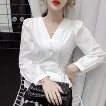 Chiffon shirt female retro Hong Kong flavor short long sleeve 2021 New Spring Wear temperament Joker V collar shirt