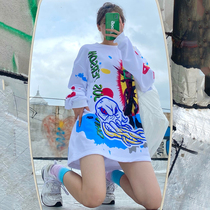 2022 new trendy brand loose fashion round neck white sweater womens design sense niche graffiti print mid-length top