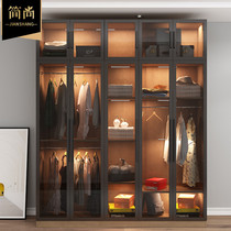 Pine wardrobe Modern simple household light luxury glass door large wardrobe Bedroom free combination cloakroom customization