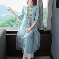 Cheongsam modified version dress female summer long style retro temperament embroidery Chinese style skirt modern ethnic style womens clothing