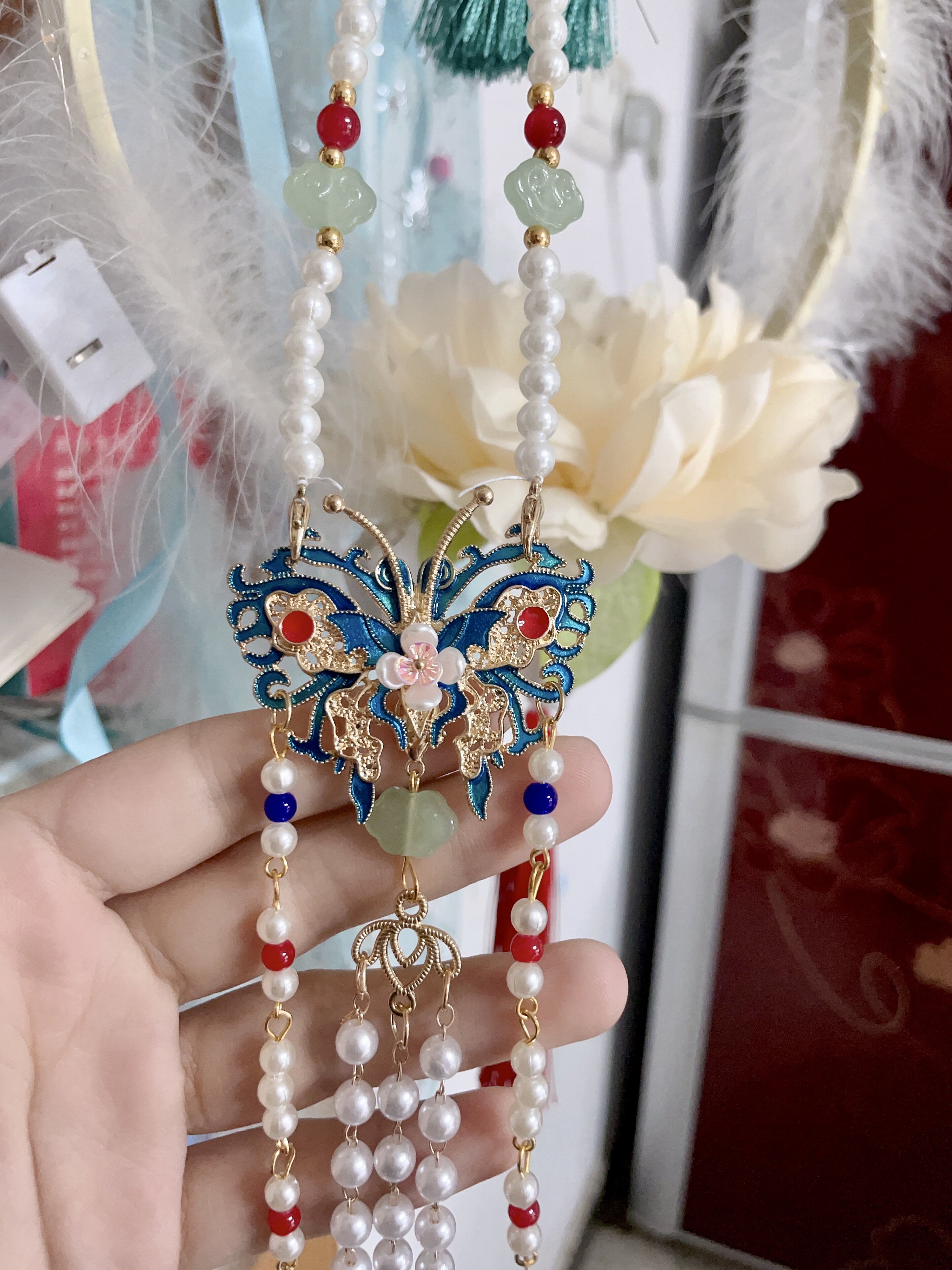 汉服古风配饰加长款仿仿珍珠璎珞宫廷复古项链宋烧蓝琉璃吊坠饰品