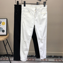 Autumn and winter black jeans nine-point hole white pants mens trend Korean slim-fit small-legged trousers show thin size