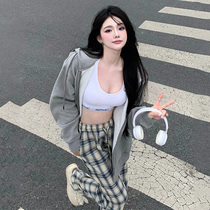 Plaid trousers summer womens wide-leg casual trousers thin section high waist drape 2022 new loose straight tube slimming