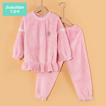 Long-term children plus velvet paddy pajamas girls autumn and winter flannel set middle child Princess long sleeve home clothes