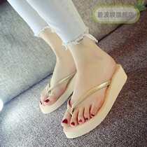 Korean version of the black flip-flops womens summer fashion high-heeled outside wear slope with non-slip clip feet beach cool slippers tide