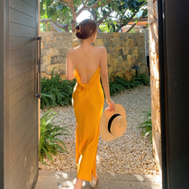 Sanya tourist clothes Super fairy split backless beach dress yellow seaside holiday dress slim long skirt