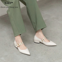 KAKY2021 Spring and Summer White Pointed Single Shoes Womens Flat Mary Jane Shoes Thick with Shallow Leather Shoes 3340