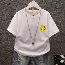 Boy short sleeve T-shirt pure cotton white 2022 Summer boy Korean version smiley face Childrens baby Summer clothing jacket 7
