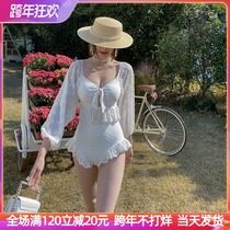 Fairy fan covered belly thin one-piece swimsuit summer lace bubble long sleeve ins resort hot spring white Net red swimsuit
