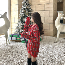 Loose V collar red large sweater woman mid-length 2020 autumn Winter new Lazy Wind Jacket Foreign Air 100 lap dress