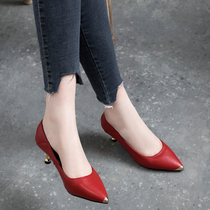 2021 new spring and autumn pointed heel single shoes womens shallow mouth small heel leather shoes leather mother soft leather high heels