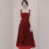 Thai trendy brand high-end temperament dress red suspenders high waist lace-up pleated large swing long skirt niche dress