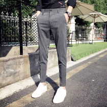 Rich bird autumn mens casual trousers Korean version of the trend of slim striped pants British thin feet nine-point pants