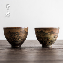 Shengshan antique hand-painted tea cup firewood burning landscape kiln change Chinese ceramic tea cup handmade kung fu tea set Single Cup
