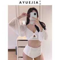 2021 new swimsuit female summer small chest gathered split conservative student sunscreen hot spring ins Wind Net red long sleeve