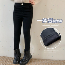 Childrens pants Autumn new girls with velvet thickened trousers Foreign style baby one-piece velvet black small pants to wear outside