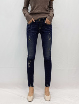 mini brand spring dark blue stretch slim slim Burr pants pencils pencils small feet ankle-length pants jeans women