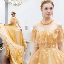 Temperament socialite Golden Bride Wedding Toast Banquet Annual meeting Starry Sky Skirt Wedding Evening Dress Wholesale 2272