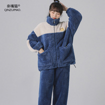 Pro-Mouth Cat Coral Suede Winter Pyjamas Woman Thickened Warm Flannel Suede Fashion Splicing Available Outside Wearing Home Suit Suit