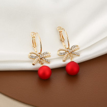 Japan and South Korea 925 silver needle Red Pearl bow earrings new festive Net red temperament Palace earrings female