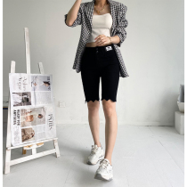 Hong Kong taste tide ins outside wear 5 points denim pants 2021 summer new black slim Burr riding pants female 88305