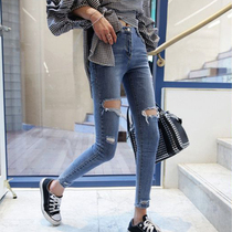 Hong Kong Tide 2019 Spring new chic Korean version with slim fit slim fit slim fit Hole Jeans Woman 90%