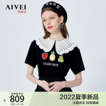 AIVEI congratulates Ivy 2022 summer cutout embroidery collar 3D fruit embroidered black T-shirt P0360015
