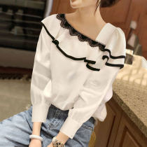 Sweet Ruffled Womens Blouse Chiffon Blouse White Short Sleeve Summer Thin Bubble Sleeve Lace 2020