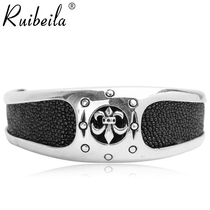 ruibeila925 silver leather classical cross mens wide bracelet personality punk retro Silver Silver