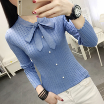 Bowknot Nail Bead Knitting Womens Pullover Slim Sweater Autumn New Korean Skinny base shirt Top